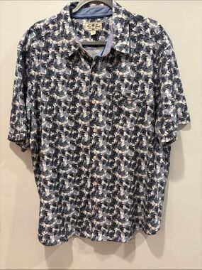 True Grit Men’s Short-Sleeve Button-Down Shirt - Blue & White Palm Print nwot